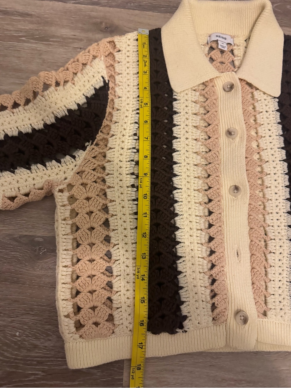 Reiss Crochet Knit Striped Collared Cardigan Cream Brown Beige Size M - Picture 6 of 11